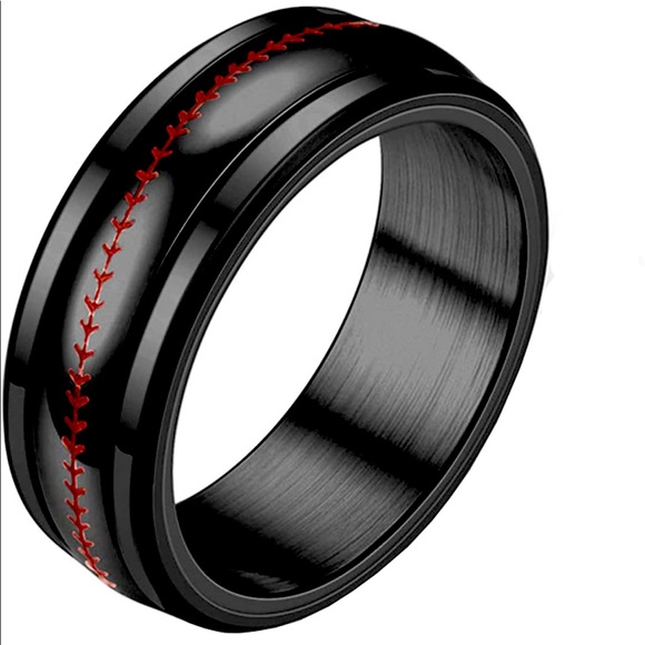 Stainless Steel Baseball Unisex Black & Red Fidget Spinner Ring Size 10 - Picture 4 of 13